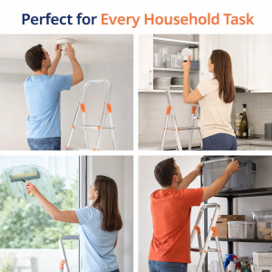 Alija 2 Step Aluminum Ladder | Foldable | Anti-Slip Steps | Safety Handrail | Heavy-Duty Home Ladder