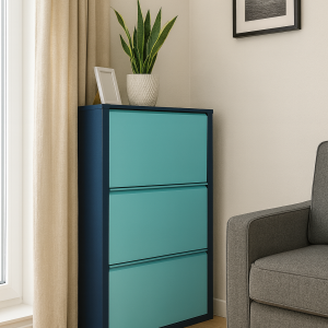 Modern 3-Tier Shoe Rack Cabinet, Navy Blue with Turquoise Shelves, Slanted Design for Entryway Storage, Space-Saving Organizer